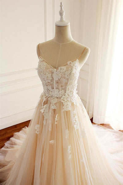 V Neck Open Back Champagne Tulle Lace Long Prom Dresses, V Neck Champagne Formal Dresses, Champagne Lace Evening Dresses