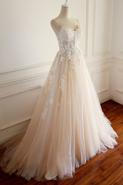 V Neck Open Back Champagne Tulle Lace Long Prom Dresses, V Neck Champagne Formal Dresses, Champagne Lace Evening Dresses