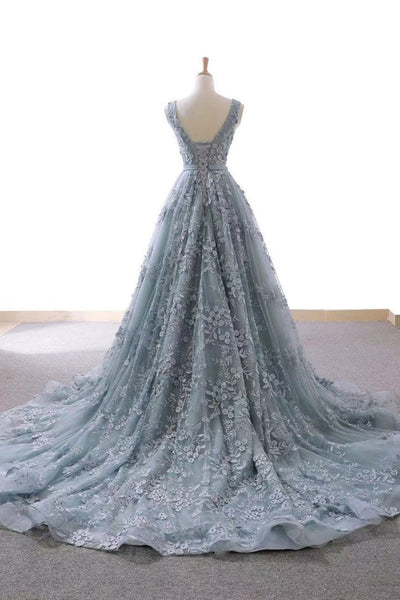 V Neck Open Back Gray Lace Long Prom Dresses, V Neck Gray Formal Dresses, Gray Lace Evening Dresses
