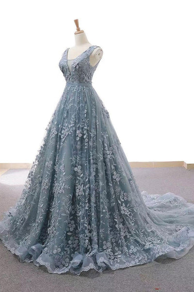 V Neck Open Back Gray Lace Long Prom Dresses, V Neck Gray Formal Dresses, Gray Lace Evening Dresses