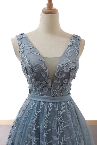 V Neck Open Back Gray Lace Long Prom Dresses, V Neck Gray Formal Dresses, Gray Lace Evening Dresses