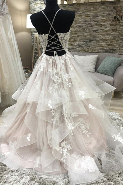 V Neck Open Back Ivory Lace Champagne Long Prom Dresses, V Neck Ivory Champagne Formal Evening Wedding Dresses