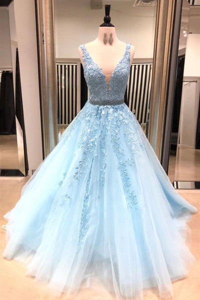 V Neck Open Back Light Blue Lace Long Prom Dresses with Belt, V Neck Light Blue Formal Dresses, Light Blue Lace Evening Dresses