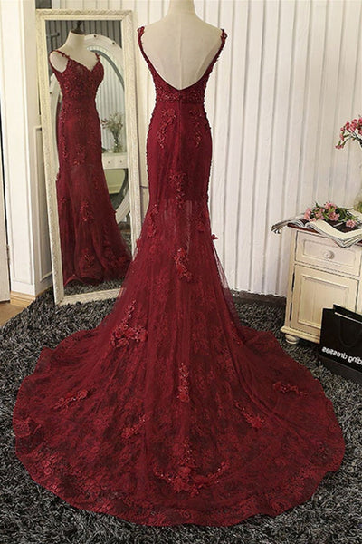 V Neck Open Back Mermaid Burgundy Lace Long Prom Dresses, Mermaid Burgundy Formal Dresses, Burgundy Lace Evening Dresses