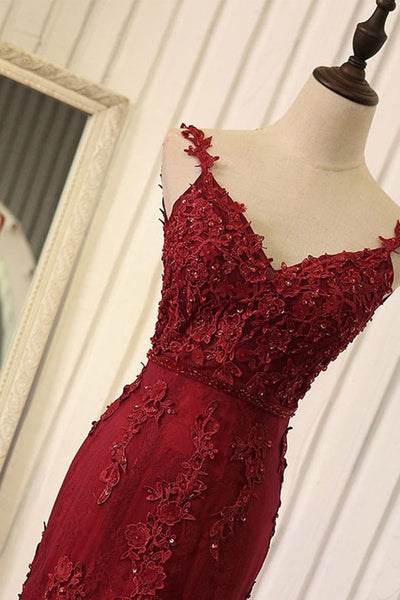 V Neck Open Back Mermaid Burgundy Lace Long Prom Dresses, Mermaid Burgundy Formal Dresses, Burgundy Lace Evening Dresses