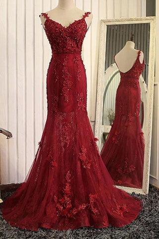 V Neck Open Back Mermaid Burgundy Lace Long Prom Dresses, Mermaid Burgundy Formal Dresses, Burgundy Lace Evening Dresses