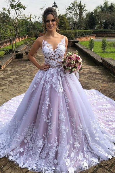 V Neck Open Back Purple Lace Long Prom Dresses, Purple Lace Wedding Dresses with Train, Purple Formal Evening Dresses