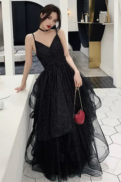 V Neck Open Back Shiny Tulle Black Prom Dresses, Long Black Tulle Formal Graduation Evening Dresses WT1013