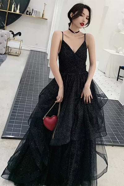 V Neck Open Back Shiny Tulle Black Prom Dresses, Long Black Tulle Formal Graduation Evening Dresses WT1013