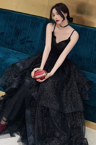V Neck Open Back Shiny Tulle Black Prom Dresses, Long Black Tulle Formal Graduation Evening Dresses WT1013