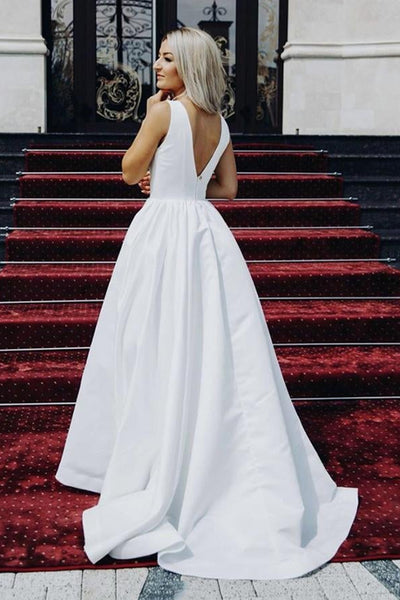 V Neck Open Back White Satin Long Prom Dresses, V Neck White Formal Graduation Evening Dresses