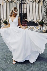 V Neck Open Back White Satin Long Prom Dresses, V Neck White Formal Graduation Evening Dresses