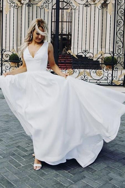 V Neck Open Back White Satin Long Prom Dresses, V Neck White Formal Graduation Evening Dresses