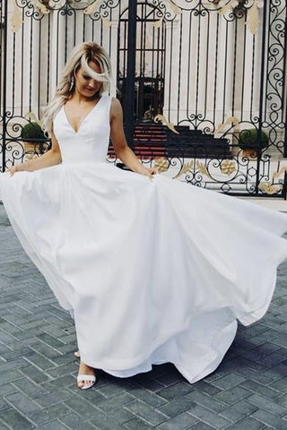 V Neck Open Back White Satin Long Prom Dresses, V Neck White Formal Graduation Evening Dresses