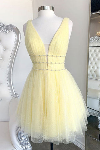 V Neck Open Back Yellow Tulle Short Prom Dresses, V Neck Yellow Homecoming Dresses, Yellow Formal Evening Dresses