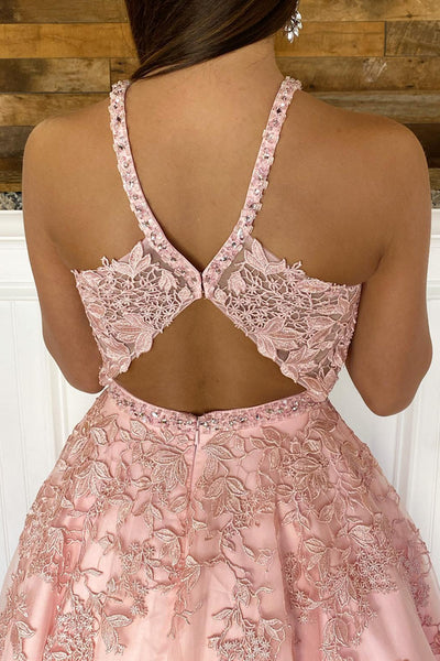 V Neck Pink Lace Prom Dresses, Pink Lace Long Formal Graduation Dresses