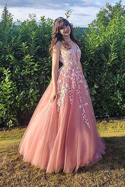 V Neck Pink Lace Tulle Long Prom Dresses with Belt, Pink Lace Formal Dresses, Pink Evening Dresses WT1023