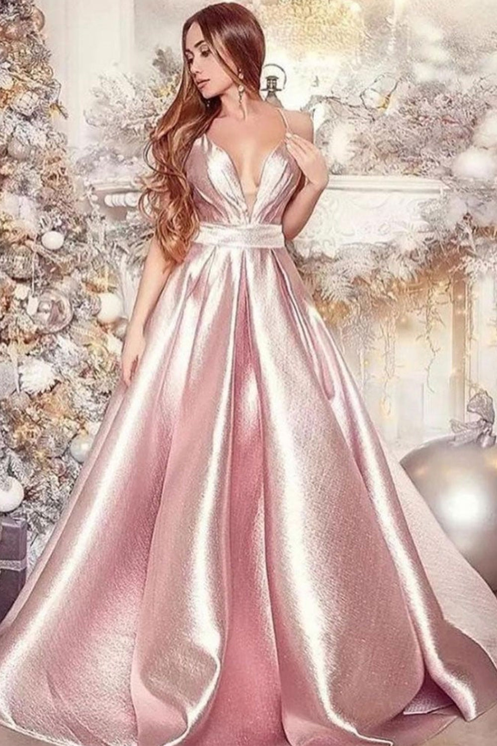 V Neck Pink Satin Long Prom Dresses, V Neck Pink Formal Dresses, Pink Evening Dresses