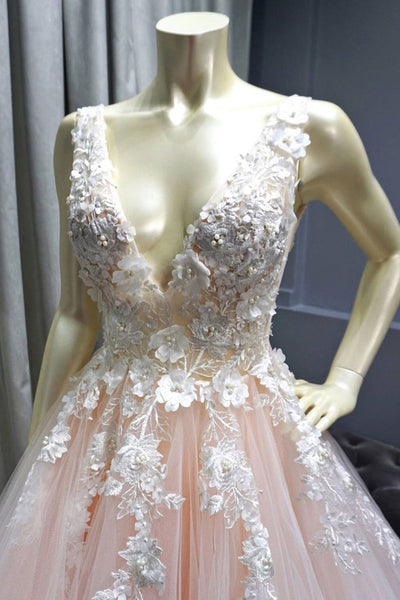 V Neck Pink Tulle Beaded Long Prom Dresses with White Lace Appliques, V Neck Pink Lace Formal Dresses, Pink Evening Dresses