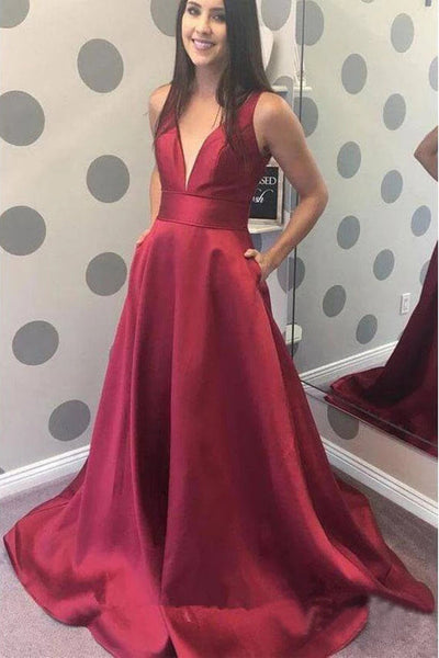 V Neck Red/Blue/Yellow/Burgundy/Purple Long Prom Dresses with Pocket, Long Red/Blue/Yellow/Burgundy/Purple Formal Graduation Evening Dresses WT1042