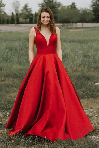 V Neck Red/Blue/Yellow/Burgundy/Purple Long Prom Dresses with Pocket, Long Red/Blue/Yellow/Burgundy/Purple Formal Graduation Evening Dresses WT1042