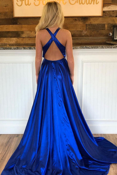 V Neck Royal Blue Satin Long Prom Dresses with High Slit, Royal Blue Formal Graduation Evening Dresses with Cross Back
