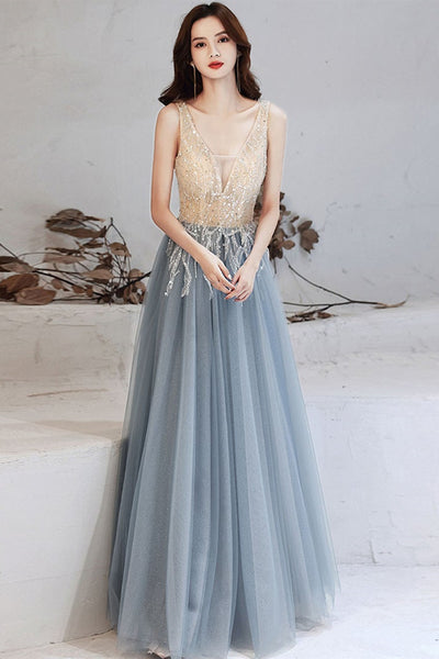 V Neck Smoke Gray Tulle Long Prom Dresses, Smoke Gray Formal Evening Dresses