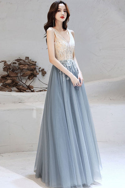 V Neck Smoke Gray Tulle Long Prom Dresses, Smoke Gray Formal Evening Dresses