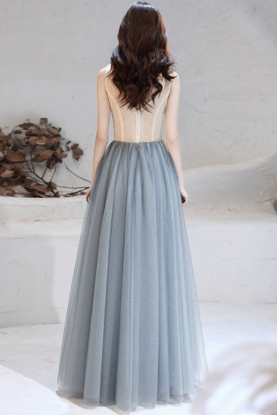 V Neck Smoke Gray Tulle Long Prom Dresses, Smoke Gray Formal Evening Dresses