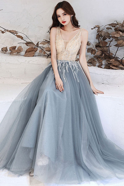 V Neck Smoke Gray Tulle Long Prom Dresses, Smoke Gray Formal Evening Dresses