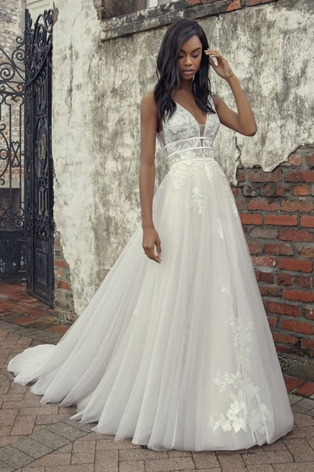 V Neck White Lace Tulle Long Prom Dresses, White Lace Wedding Dresses, White Formal Evening Dresses