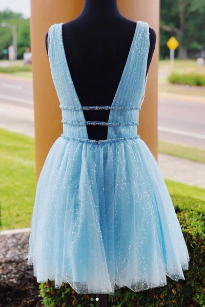 V Neck and V Back Blue Beaded Short Prom Homecoming Dresses, V Neck Blue Formal Graduation Evening Dresses