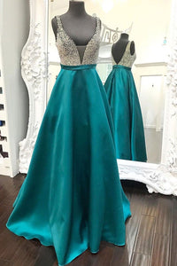 V Neck and V Back Green Satin Beaded Long Prom Dresses, Long Green Formal Dresses, Beaded Green Evening Dresses