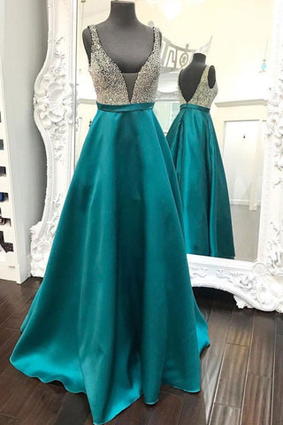 V Neck and V Back Green Satin Beaded Long Prom Dresses, Long Green Formal Dresses, Beaded Green Evening Dresses