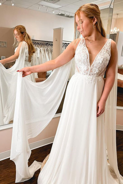 White Chiffon A Line V Neck Lace Long Prom Dresses, White Lace Formal Graduation Evening Dresses WT1205