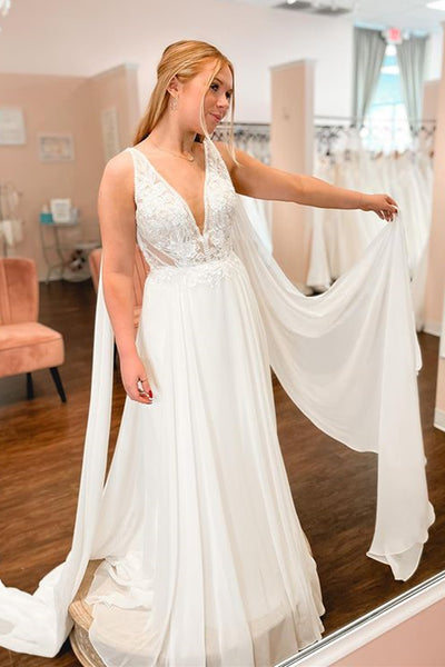 White Chiffon A Line V Neck Lace Long Prom Dresses, White Lace Formal Graduation Evening Dresses WT1205