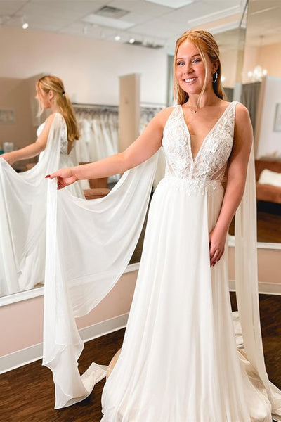 White Chiffon A Line V Neck Lace Long Prom Dresses, White Lace Formal Graduation Evening Dresses WT1205