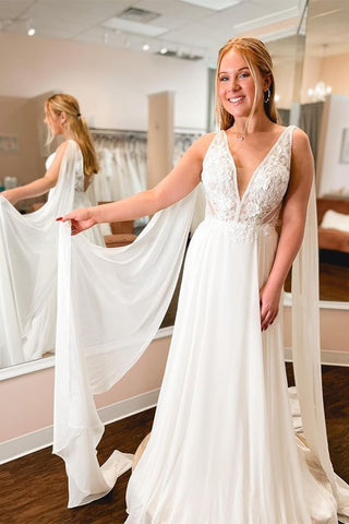 White Chiffon A Line V Neck Lace Long Prom Dresses, White Lace Formal Graduation Evening Dresses WT1205
