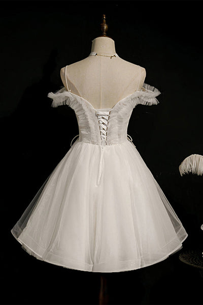 White Lace Cute Off Shoulder Short Prom Dresses, White Lace Homecoming Dresses, Short White Formal Evening Dresses WT1055
