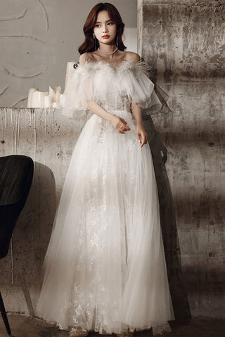White Lace Off Shoulder Long Prom Dresses, Ivory Lace Formal Dresses, Off the Shoulder White Evening Dresses WT1067