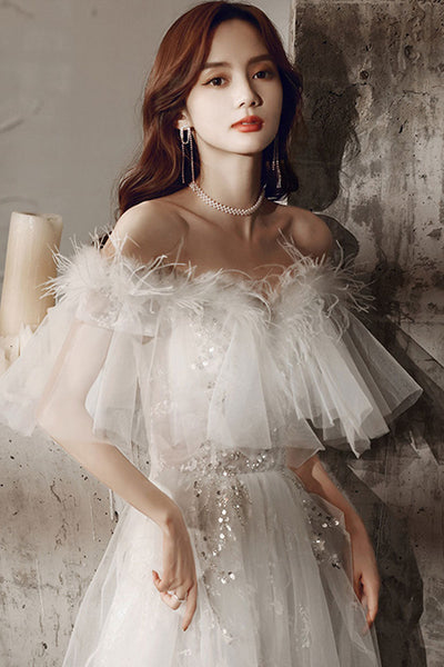 White Lace Off Shoulder Long Prom Dresses, Ivory Lace Formal Dresses, Off the Shoulder White Evening Dresses WT1067