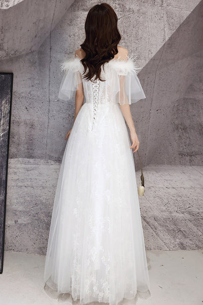 White Lace Off Shoulder Long Prom Dresses, Ivory Lace Formal Dresses, Off the Shoulder White Evening Dresses WT1067