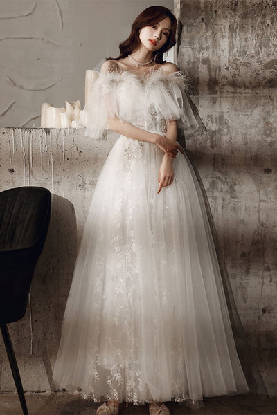 White Lace Off Shoulder Long Prom Dresses, Ivory Lace Formal Dresses, Off the Shoulder White Evening Dresses WT1067