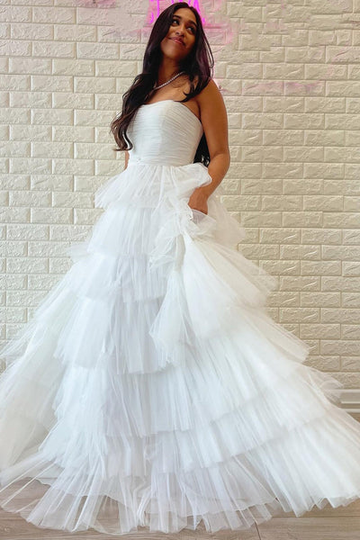 White/Purple/Black/Hot Pink Tulle Strapless Layered Long Prom Dresses, White/Purple/Black/Hot Pink Formal Evening Dresses, Ball Gown WT1190