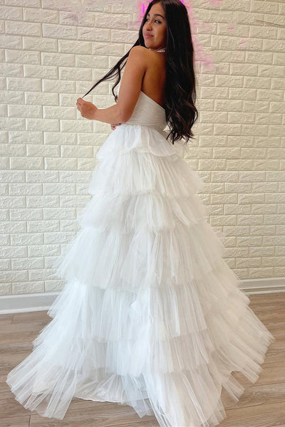 White/Purple/Black/Hot Pink Tulle Strapless Layered Long Prom Dresses, White/Purple/Black/Hot Pink Formal Evening Dresses, Ball Gown WT1190