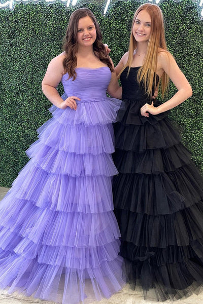 White/Purple/Black/Hot Pink Tulle Strapless Layered Long Prom Dresses, White/Purple/Black/Hot Pink Formal Evening Dresses, Ball Gown WT1190