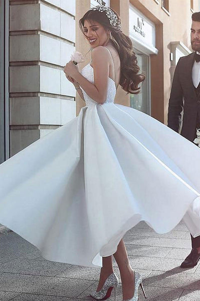 White Satin Lace V Neck Open Back Tea Length Prom Dresses, V Neck White Homecoming Dresses, White Formal Evening Dresses