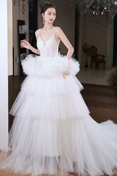 White Tulle Gorgeous V Neck Layered Long Prom Dresses, High Low White Formal Evening Dresses, Ball Gown WT1077