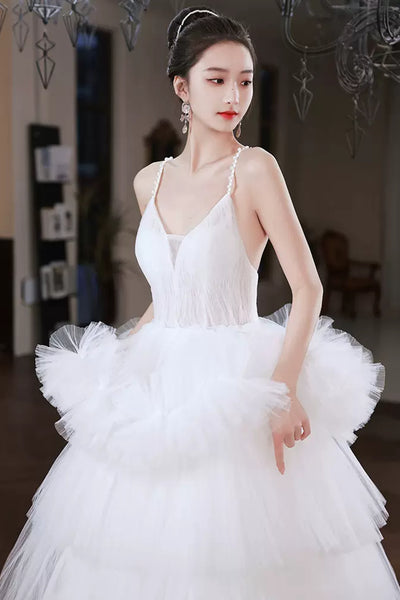 White Tulle Gorgeous V Neck Layered Long Prom Dresses, High Low White Formal Evening Dresses, Ball Gown WT1077