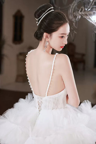 White Tulle Gorgeous V Neck Layered Long Prom Dresses, High Low White Formal Evening Dresses, Ball Gown WT1077